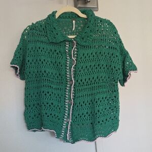 Free People Green Crocheted Short Sleeve Cardigan